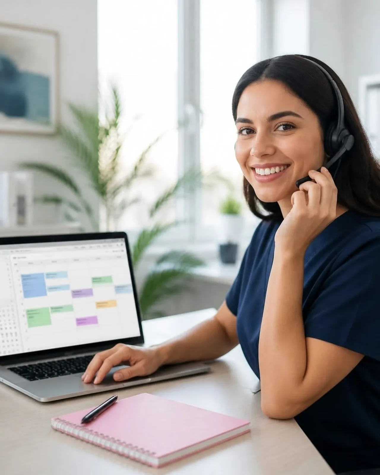 A receptionist at a desk wearing a headset, a calendar open on the laptop beside her.