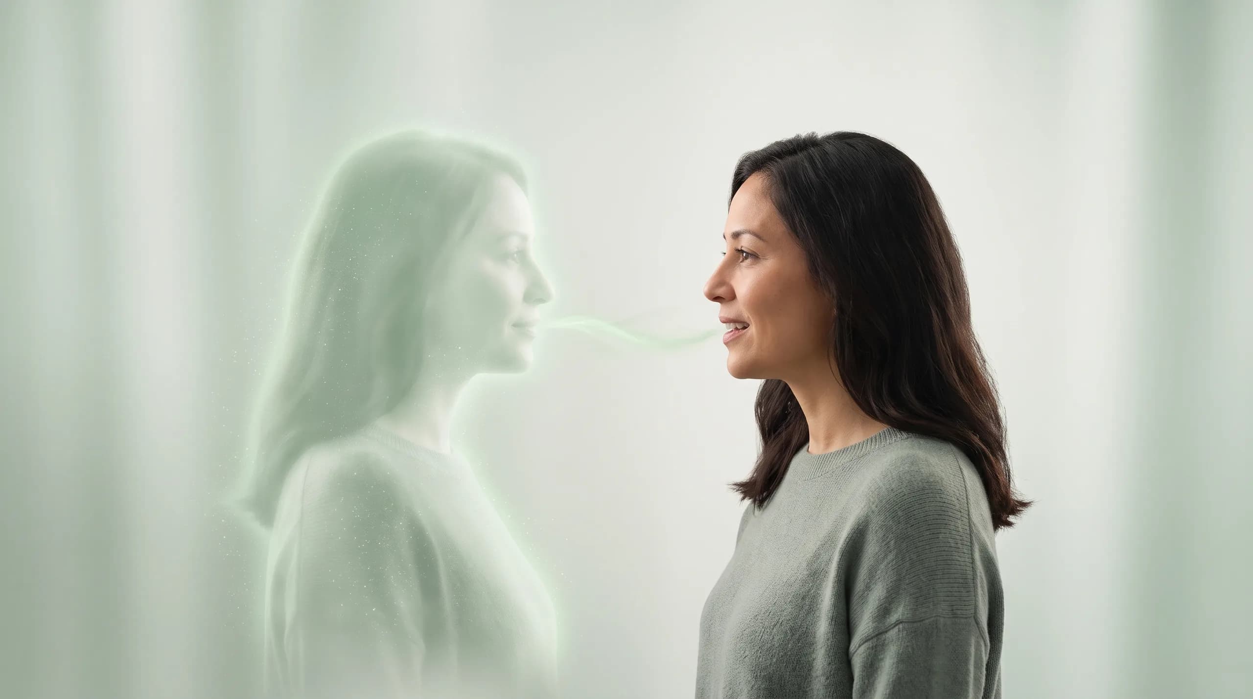 An illustration of a translucent figure of light and a woman facing each other in conversation.